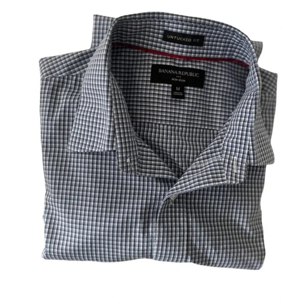Banana Republic Untucked Fit Gingham Shirt M 100% Cotton Non-Iron Button Down‎